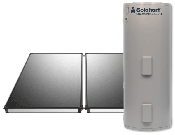 Solahart Streamline Solar Ready Hot Water Heater pictured with optional solar collectors